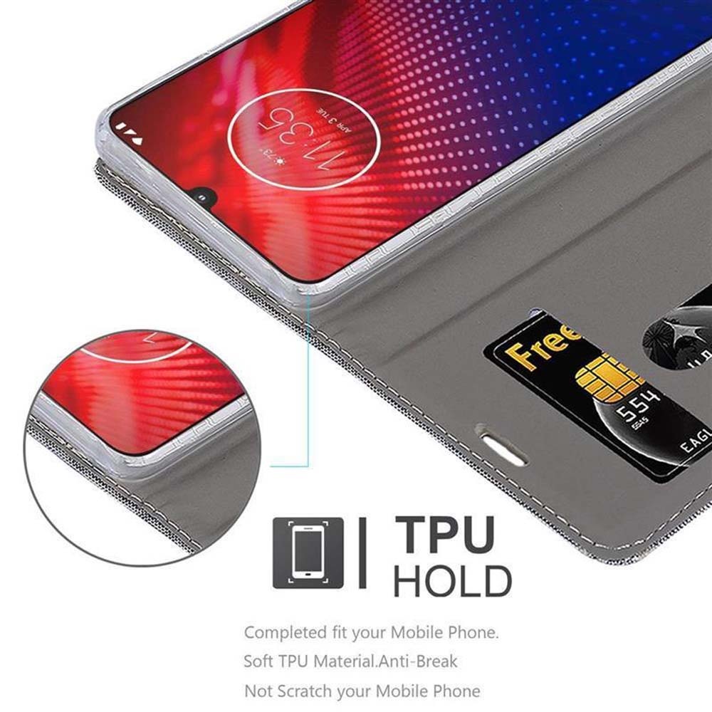 Interno della custodia grigia con telefono che mostra l'ora e una carta di credito. Supporto TPU, materiale morbido e funzione anti-rottura.