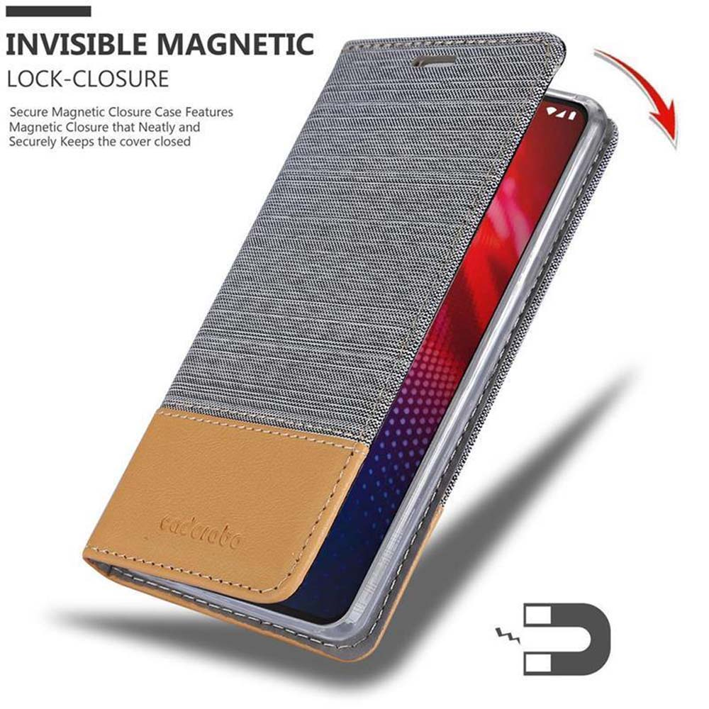 Una custodia per telefono con un telefono all'interno. La custodia è grigia e marrone e ha una chiusura magnetica.