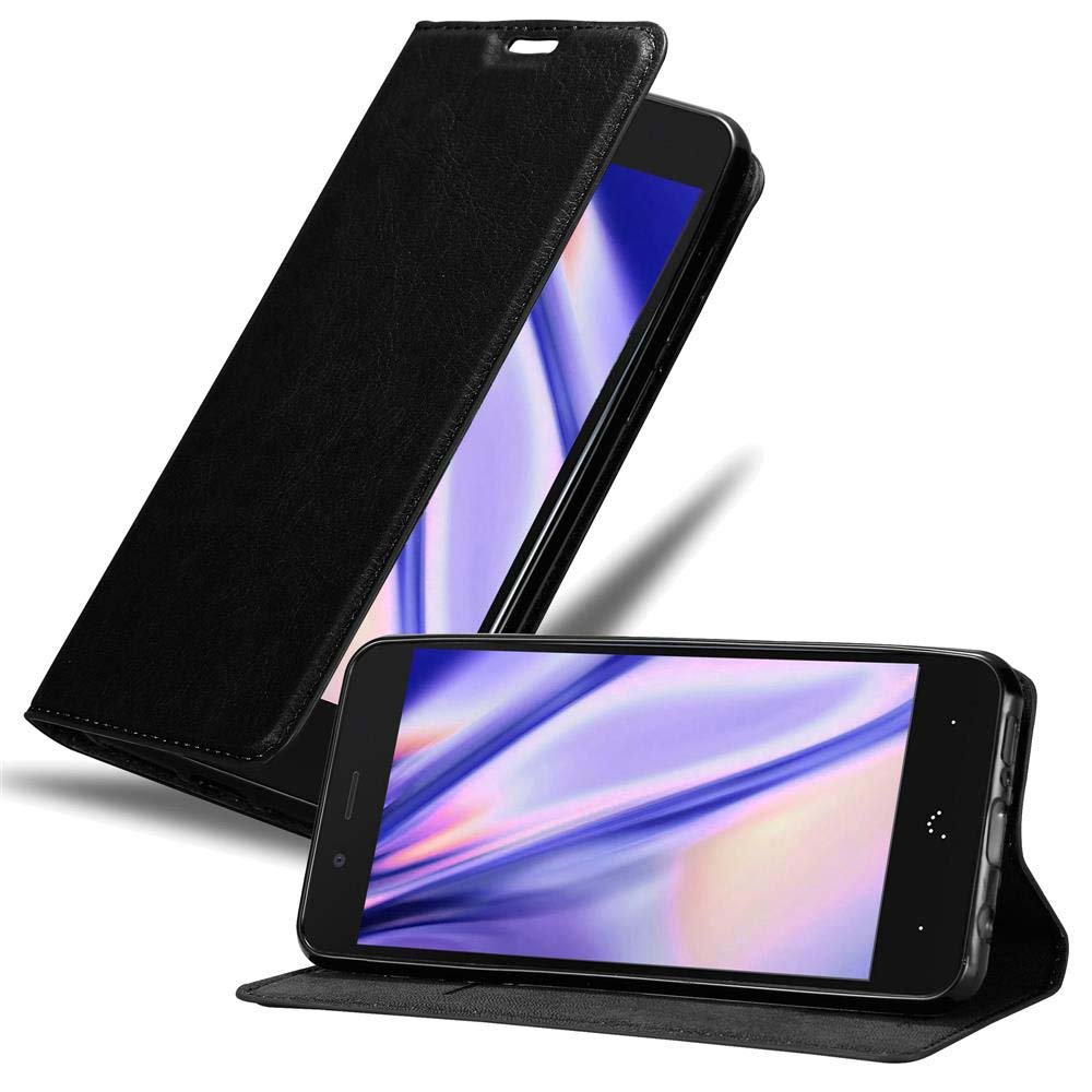 Una funda de teléfono negra, abierta para revelar un teléfono con pantalla.