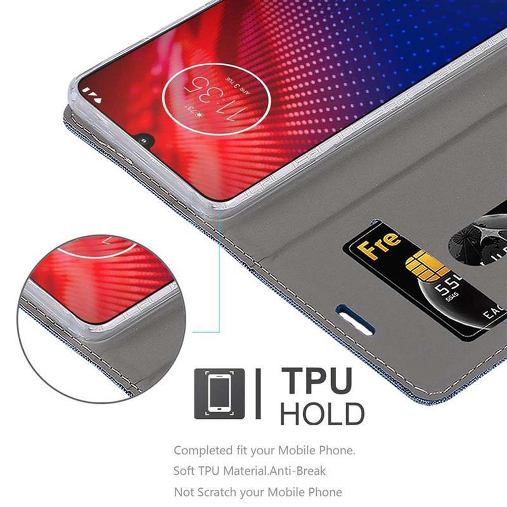 Custodia per telefono aperta con telefono che mostra uno schermo. Testo: TPU HOLD. Sfondo grigio.