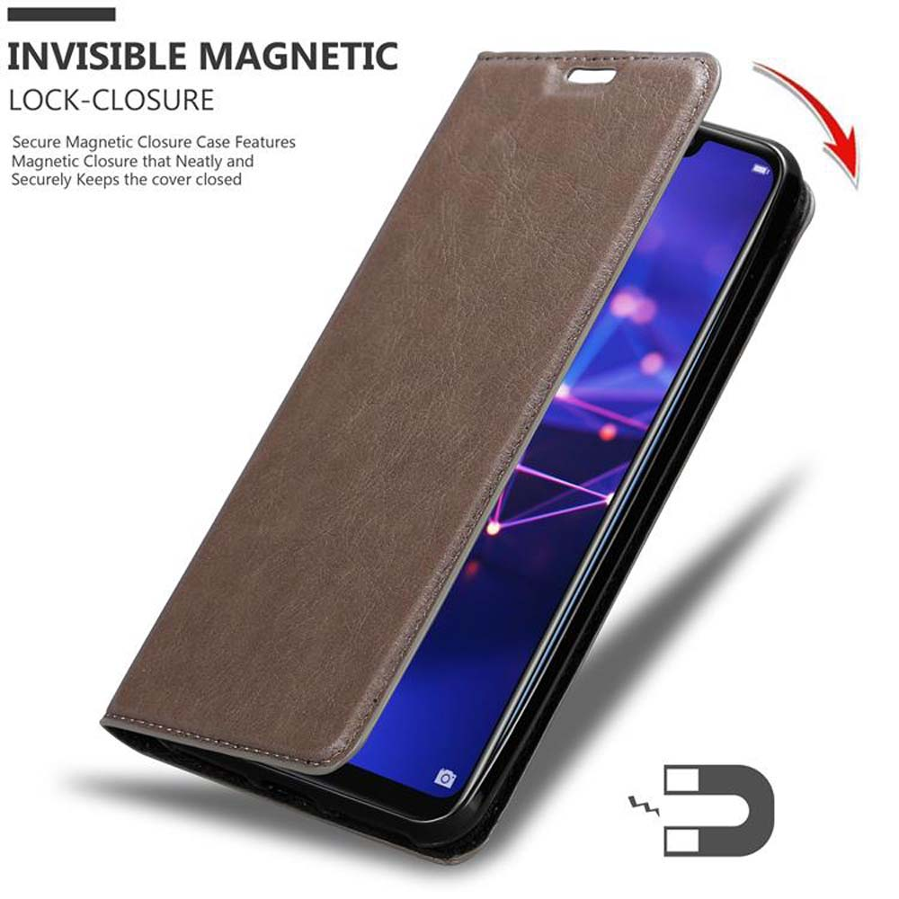 Braune Leder-Handyhülle, geöffnet, das Telefon zeigend. Magnetverschluss sichtbar.