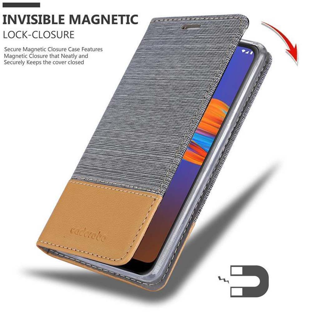 Eine Handyhülle mit grauem Oberteil und braunem Unterteil. Die Hülle ist geöffnet und zeigt ein Telefon.