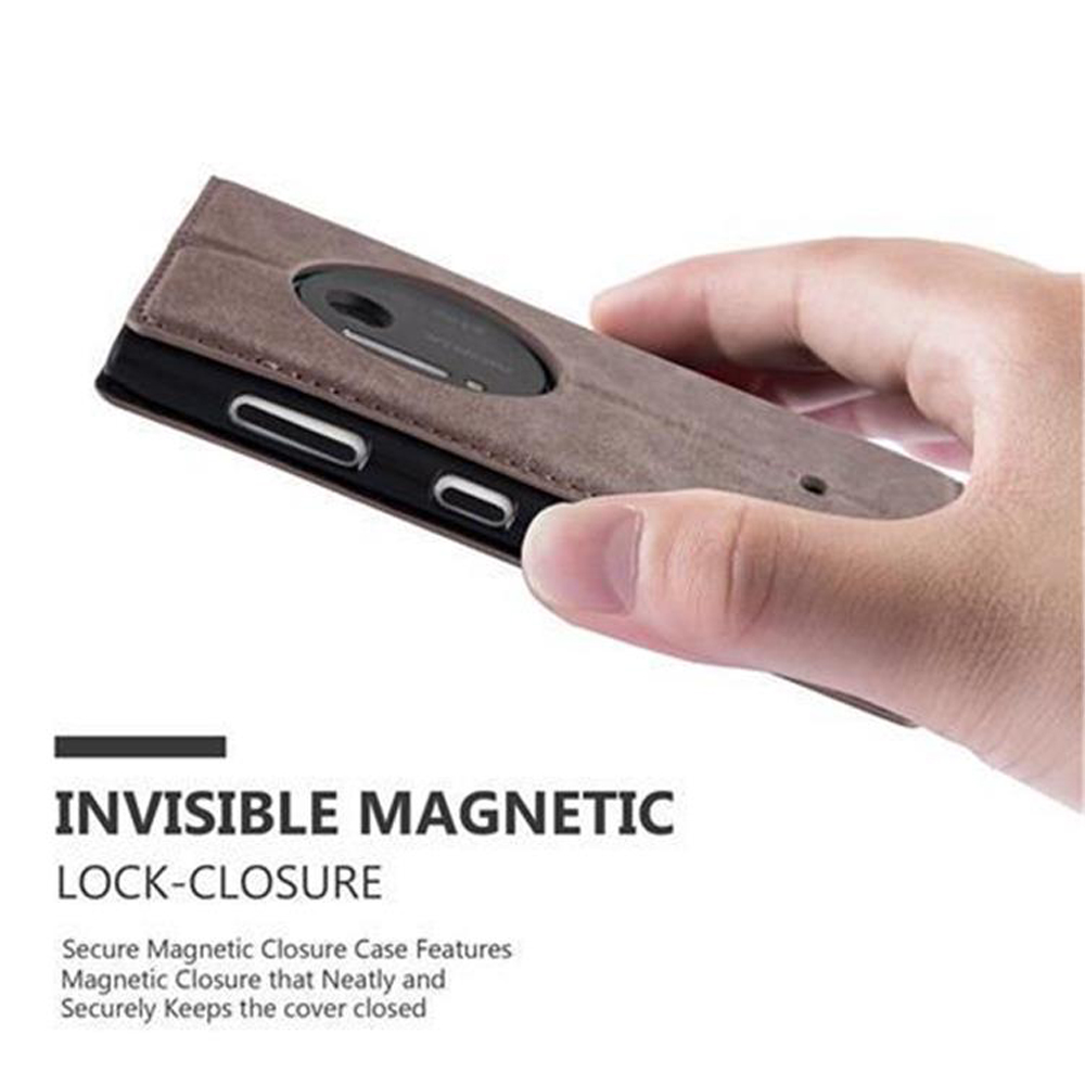 Braune Leder-Handyhülle mit Hand. Magnetischer Verschluss.
