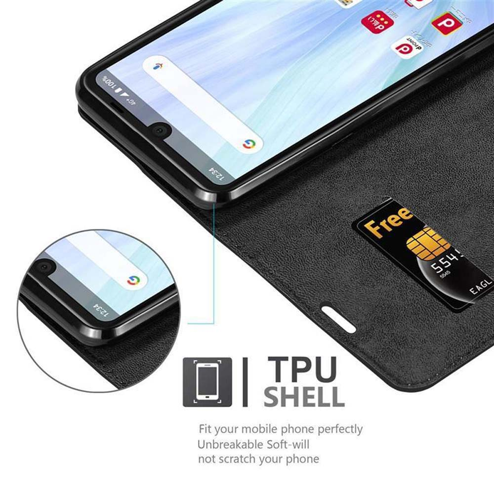 Telefono in custodia a portafoglio aperta, che mostra la SIM card. Custodia nera con guscio in TPU.