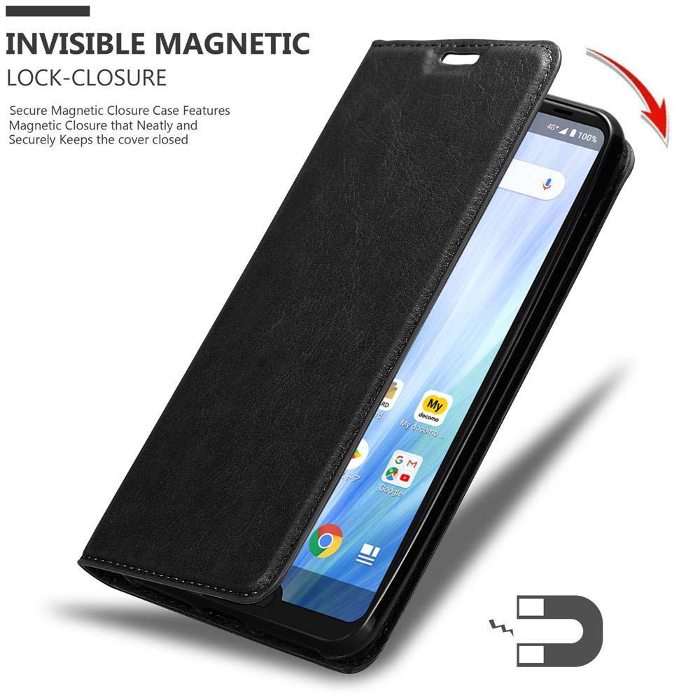 Telefono in custodia a portafoglio nera, aperto. Testo: Chiusura magnetica invisibile. Schermo mostra icone.
