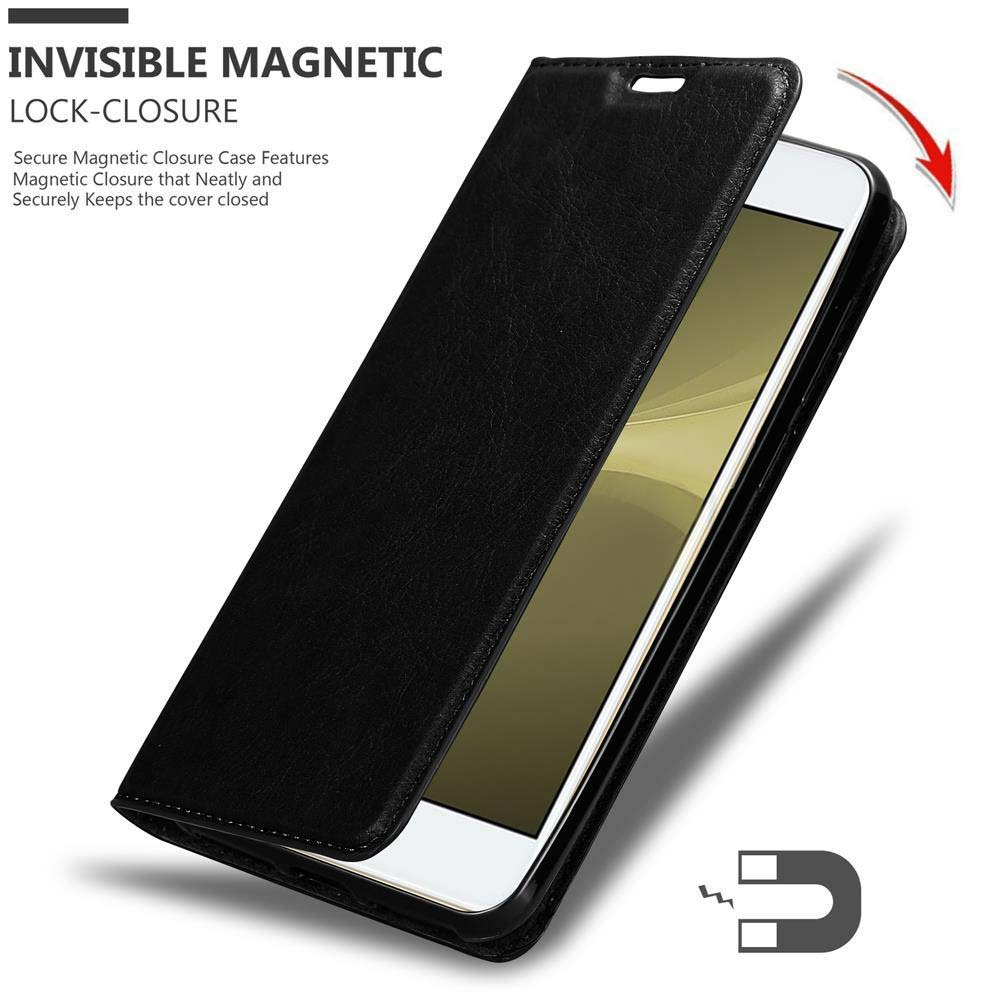 Custodia nera per telefono aperta, che mostra un telefono. Il testo dice chiusura magnetica invisibile.