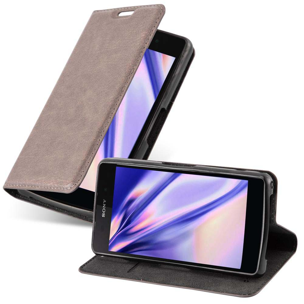 Funda gris, abierta. Teléfono con pantalla visible dentro.