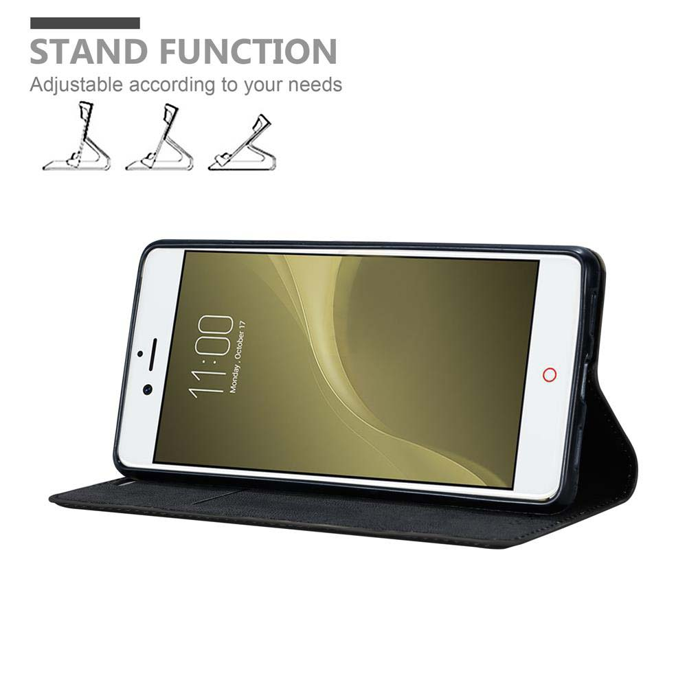 Custodia nera per telefono, aperta, che mostra un telefono con un'interfaccia semplice. Design con funzione supporto.