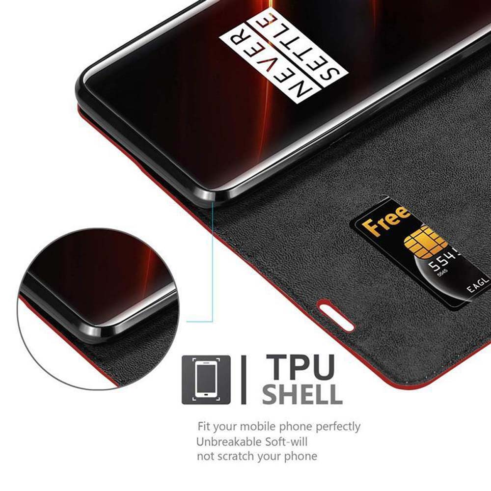 Schwarze Handyhülle mit einem Telefon darin, einer Karte und einer roten Innenabdeckung.