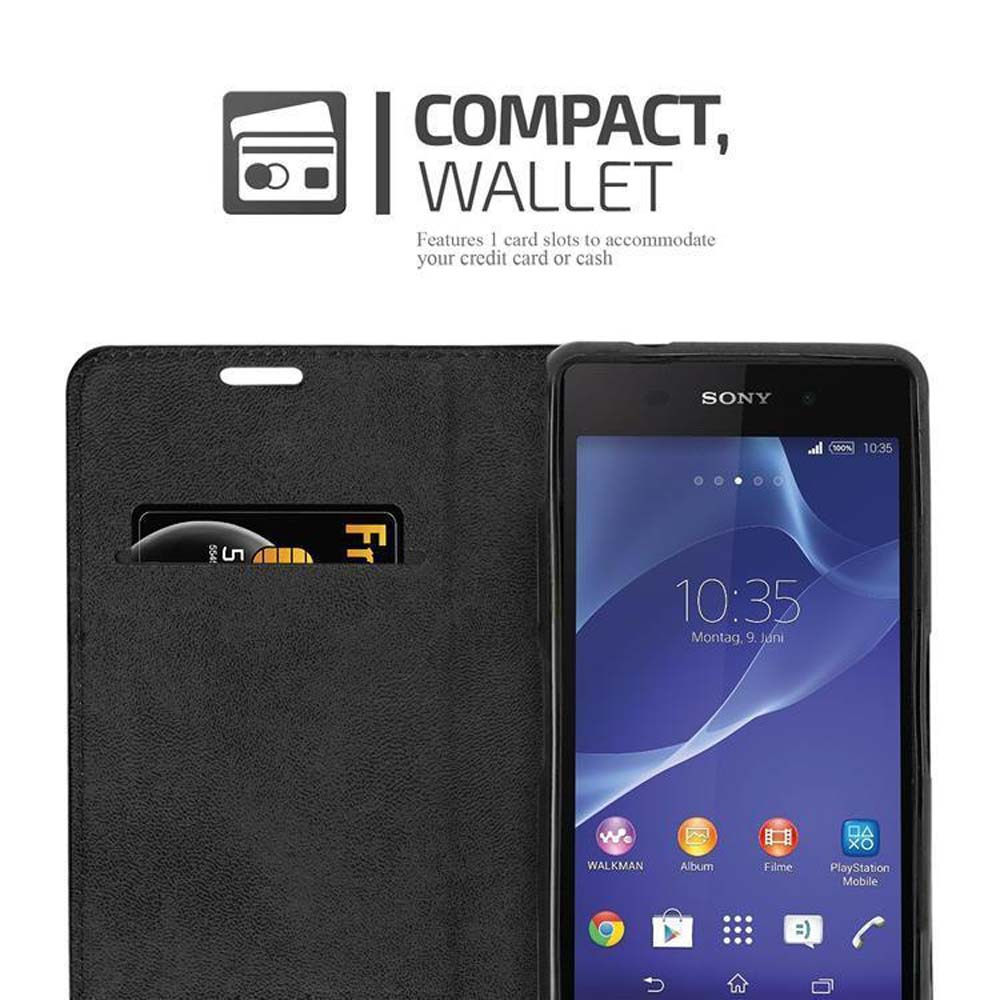 Funda negra para teléfono con ranura para tarjetas de crédito. Un teléfono muestra la hora. Texto: Cartera compacta.