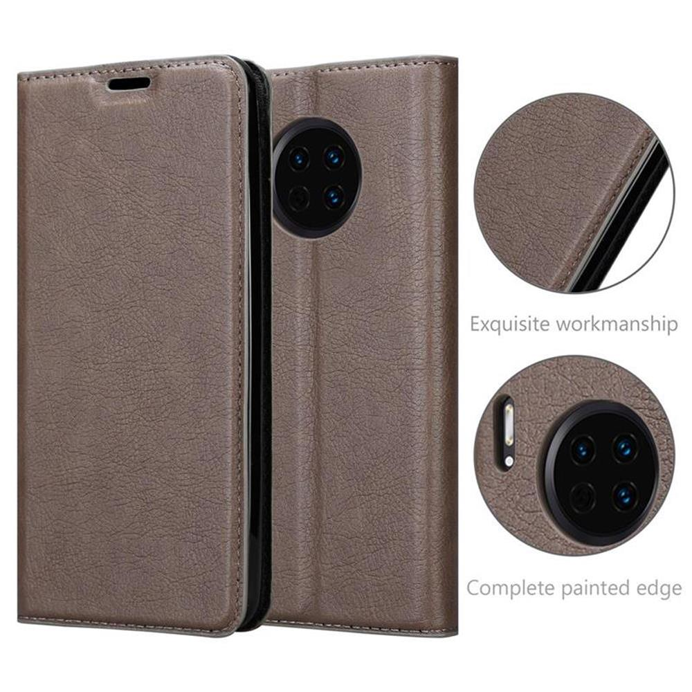 Braune Leder-Handyhülle, geschlossen und offen, mit Telefon. Details umfassen exquisite Verarbeitung.
