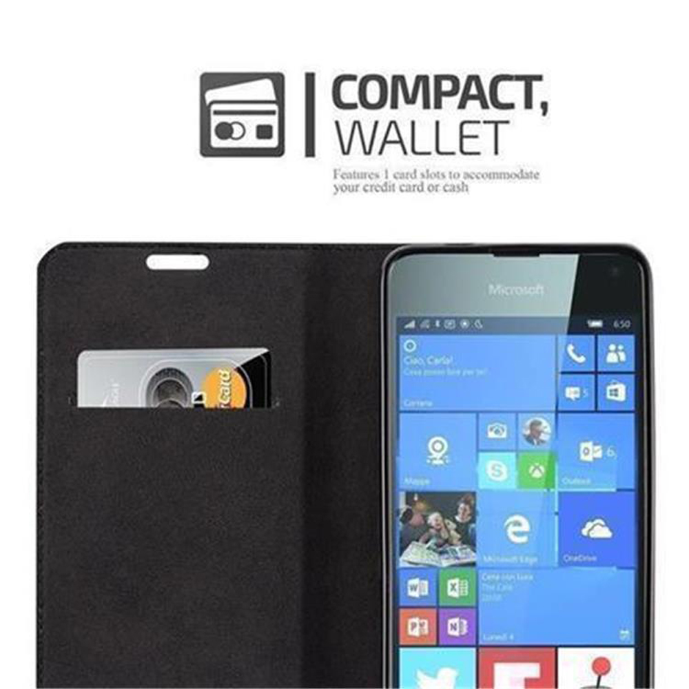 Custodia nera per telefono con funzione portafoglio. Inserita carta di credito. Schermo mostra interfaccia Windows.