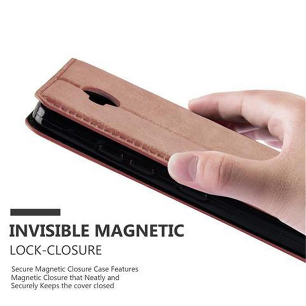 Custodia per telefono, chiusa. Pelle marrone. Testo: Chiusura magnetica invisibile. Funzionalità di chiusura sicura.
