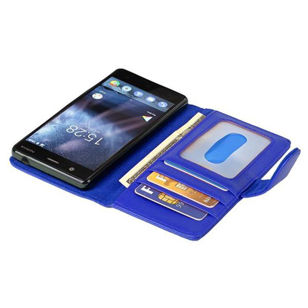 Ein Nokia-Handy in einer offenen blauen Handyhülle. Mehrere Karten sind sichtbar.