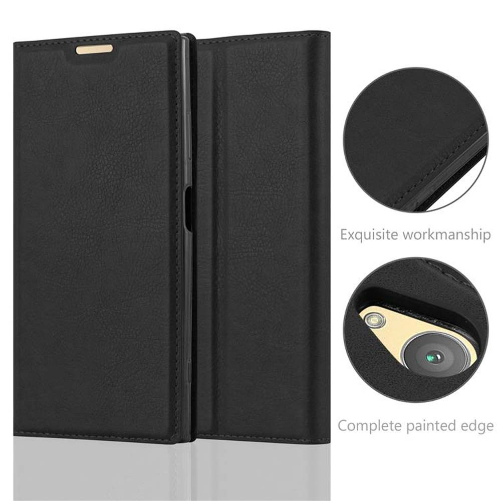 Eine schwarze Handyhülle, aufgeklappt, mit detaillierten Nahaufnahmen der Kanten.