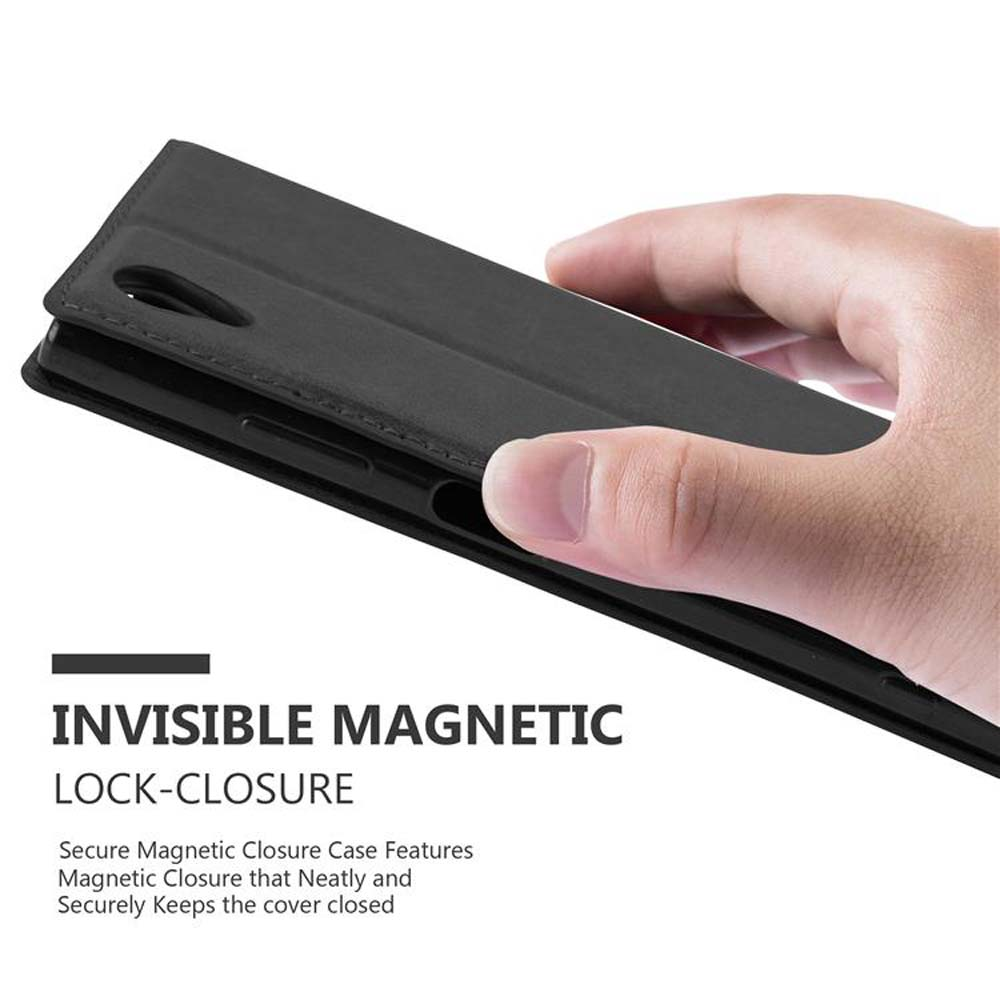 Schwarze Handyhülle geöffnet, von einer Hand gehalten. Text: Unsichtbarer Magnetverschluss.