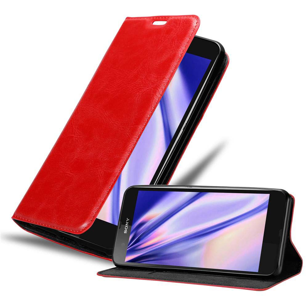 Una funda roja para teléfono con un teléfono dentro y otro en exhibición.