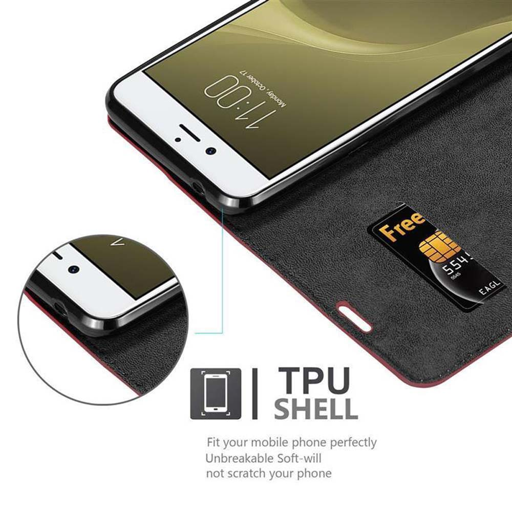 Smartphone in una custodia rossa, con slot per schede e SIM.