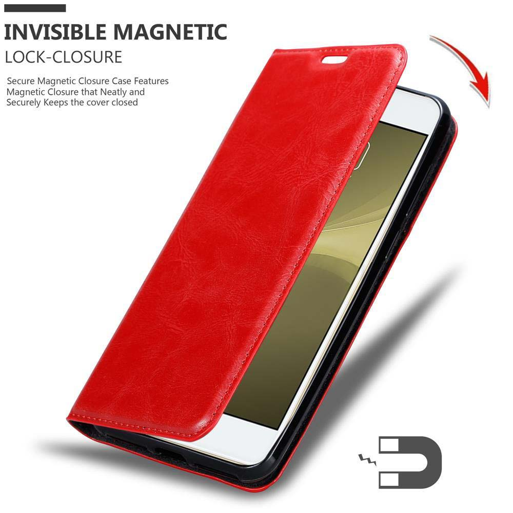 Custodia per telefono in pelle rossa, aperta, che mostra il telefono e un simbolo di magnete. Testo: Chiusura magnetica invisibile.
