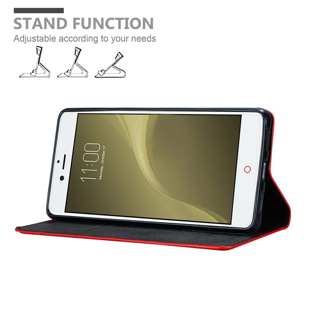 Telefono in una custodia, aperto, che mostra uno schermo. Testo: Funzione stand, regolabile.