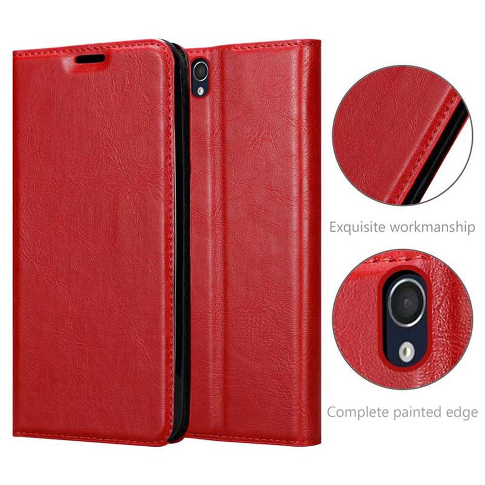 Funda roja para teléfono, abierta. Texto: Exquisita mano de obra, borde pintado completo.