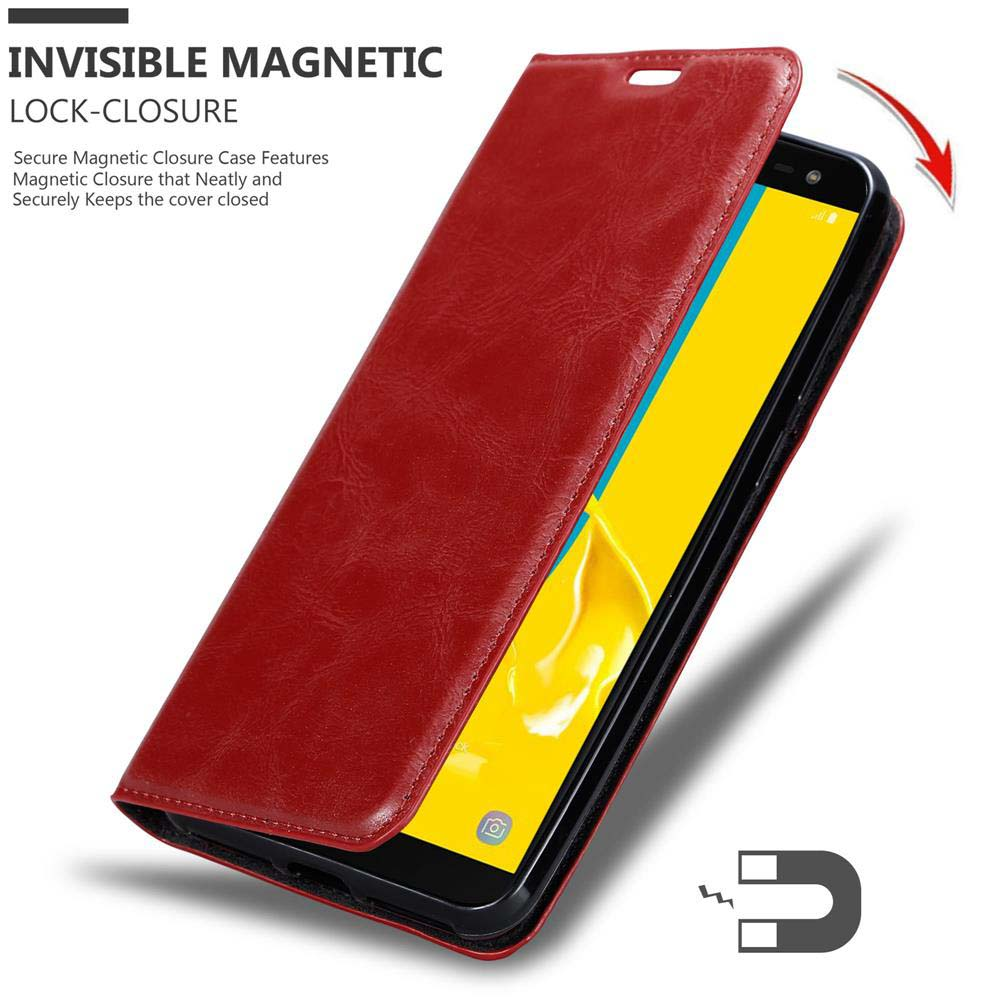 Rotes Telefon in einer roten Brieftaschenhülle. Text: INVISIBLE MAGNETIC LOCK-CLOSURE.