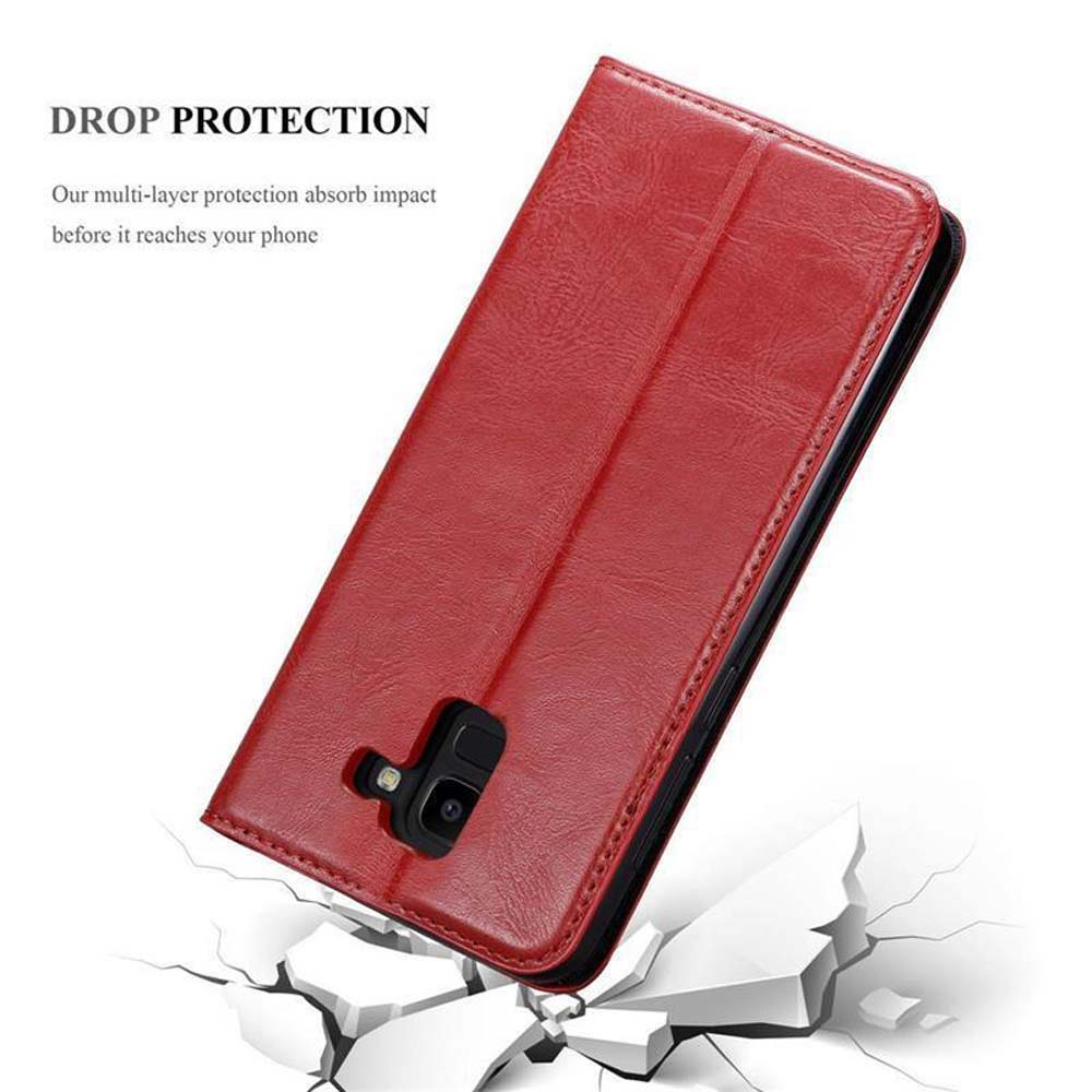 Rote Handyhülle geöffnet mit Telefon. Der Text sagt Drop Protection, rote Farbe.