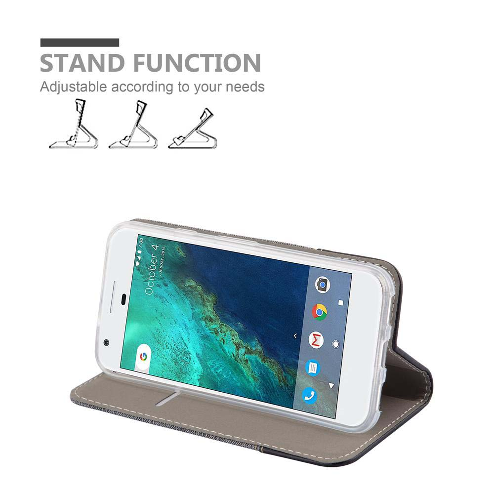 Ein Telefon in einer Hülle in einer Standposition. Text: STAND FUNKTION.