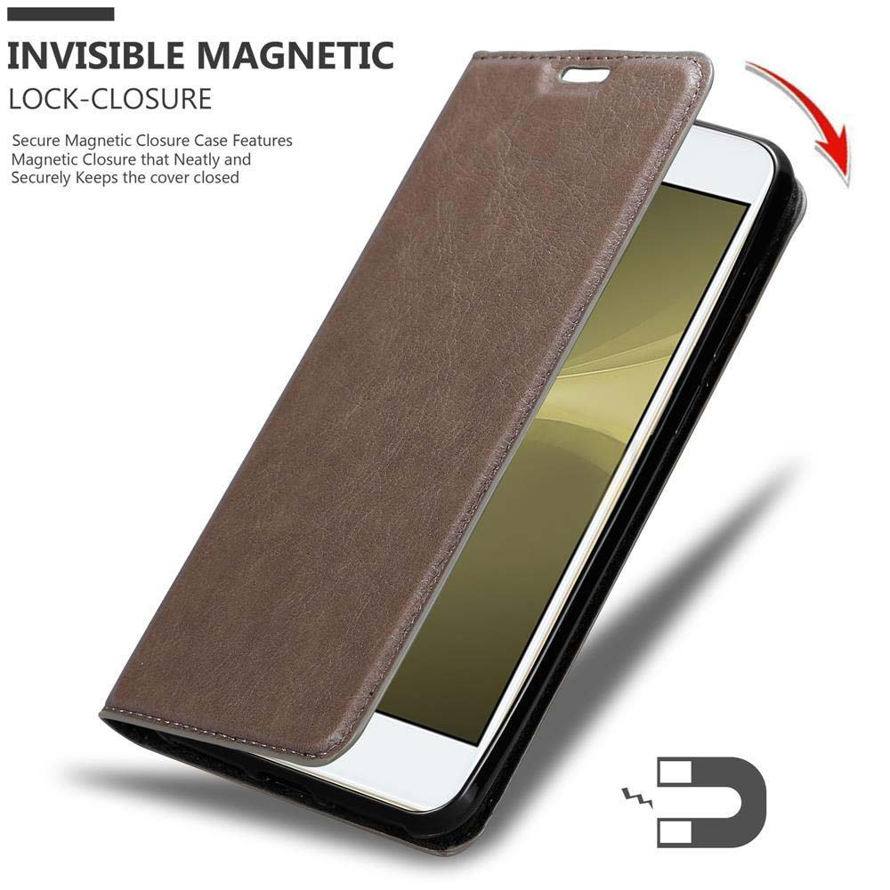 Custodia per telefono in pelle marrone, aperta, con un telefono all'interno. Un simbolo di magnete è in basso a destra.