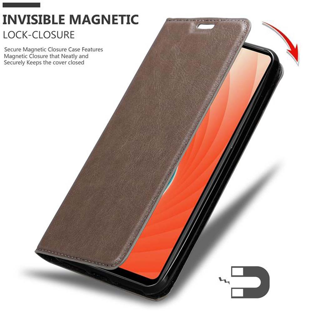 Una custodia marrone per telefono è aperta. Il testo evidenzia la chiusura magnetica invisibile.
