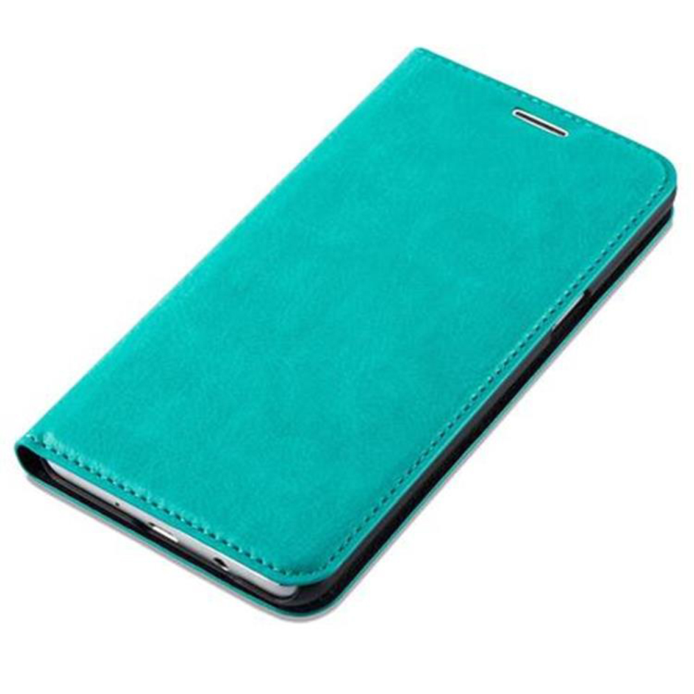 Una custodia turchese copre completamente un telefono. La custodia ha un design elegante e un bordo cucito.