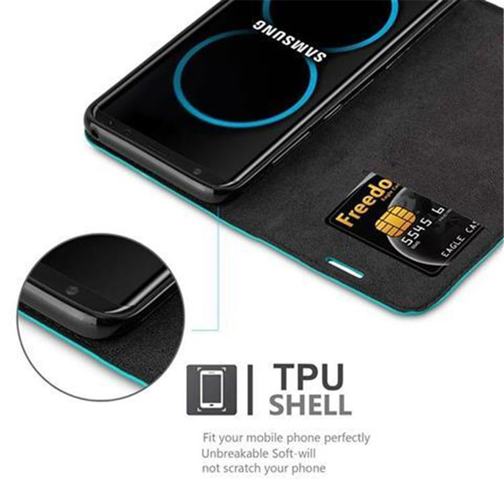 Custodia per telefono nera con telefono. Carta all'interno, testo: Freedo, 5545 6. Testo: Guscio in TPU, si adatta al telefono, infrangibile, morbido.