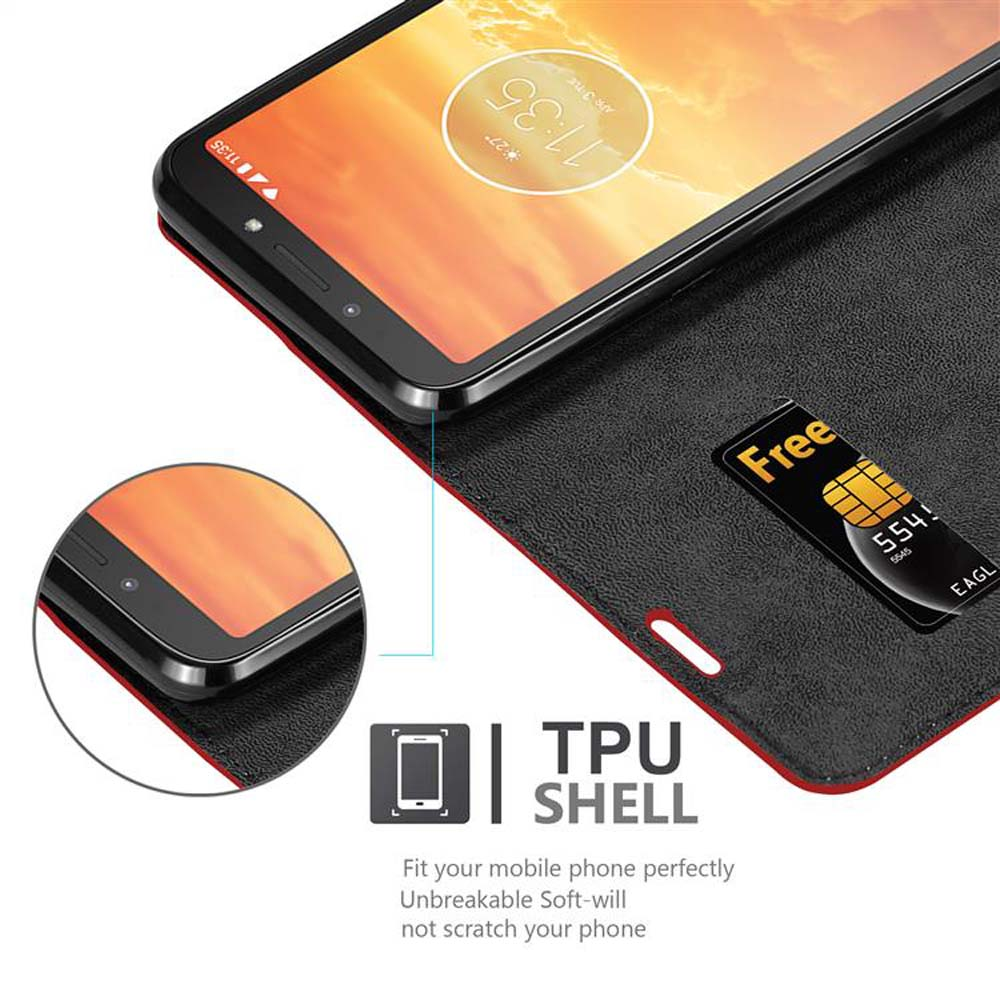 Telefono nero in una custodia, display che mostra una carta. Testo 'TPU SHELL' e descrizione della custodia.