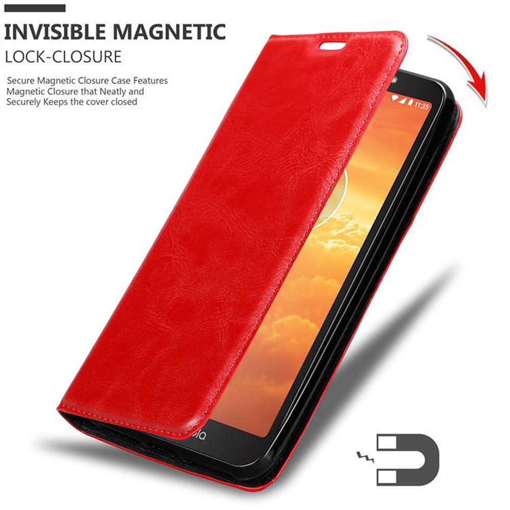 Custodia rossa, aperta. Il telefono è nero. Testo: 'Chiusura magnetica invisibile'.