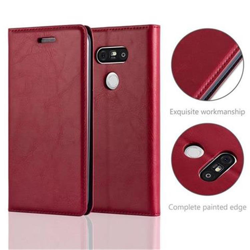 Rote Leder-Handyhülle, offen. Details der Hülle werden gezeigt. Exquisite Verarbeitung wird gezeigt.