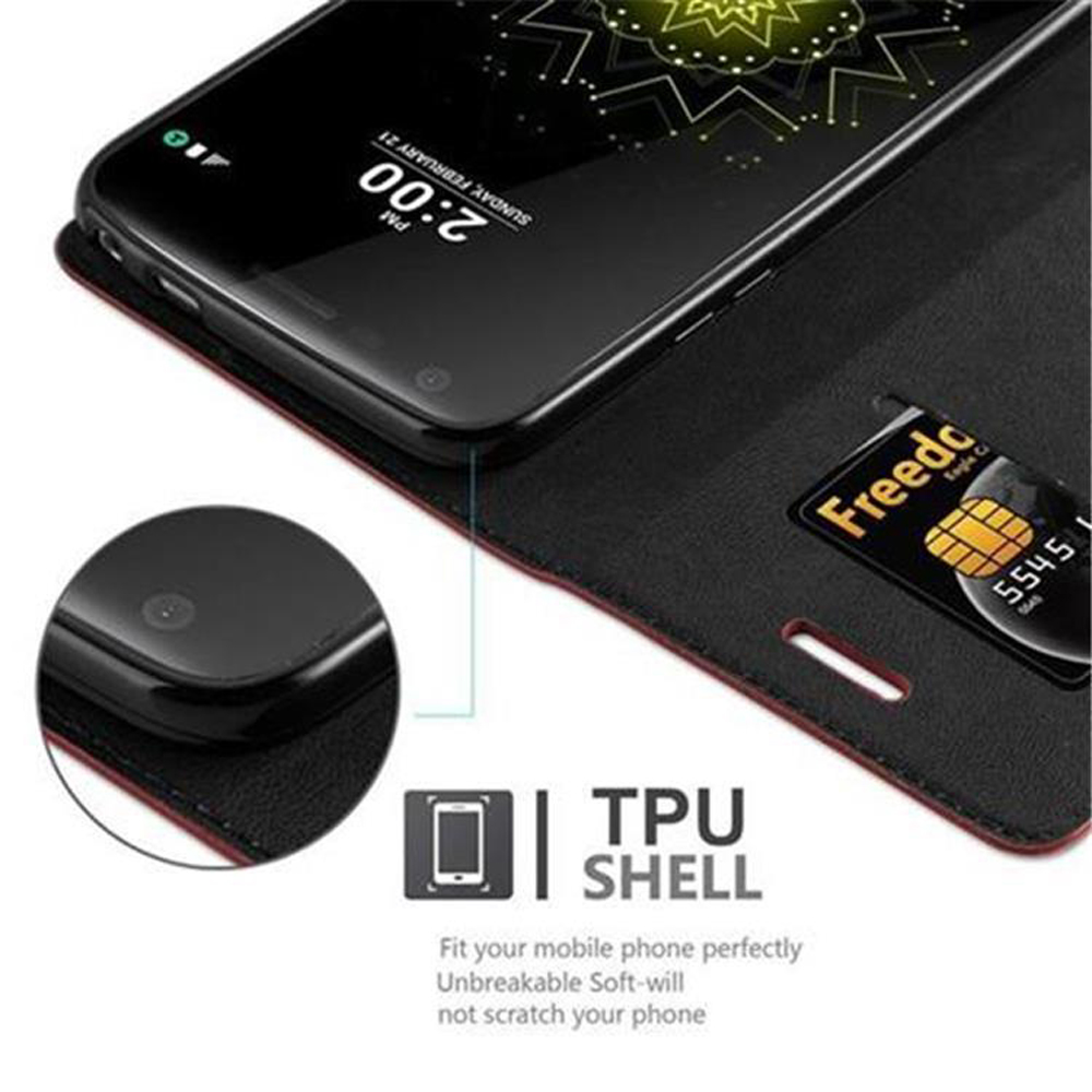 Telefon in einer schwarzen Brieftaschenhülle mit Kreditkarte. Text: TPU SHELL.
