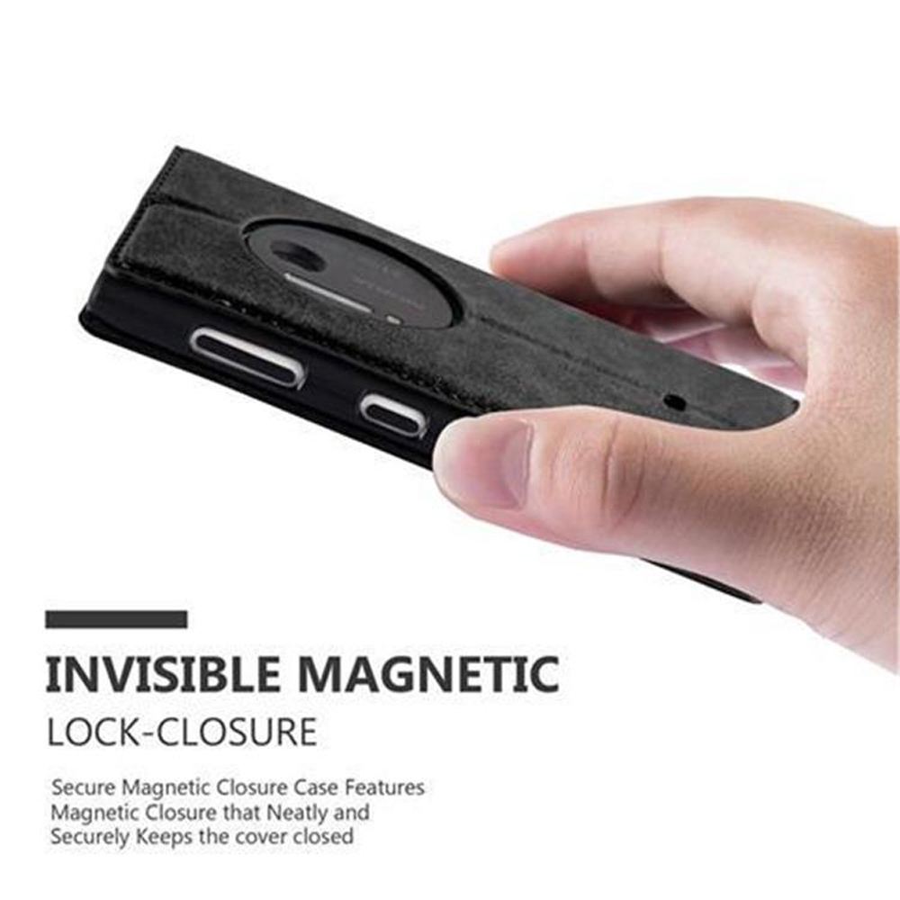 Custodia per telefono, chiusa. Pelle nera. Testo: Chiusura magnetica invisibile. Funzionalità di chiusura sicura.