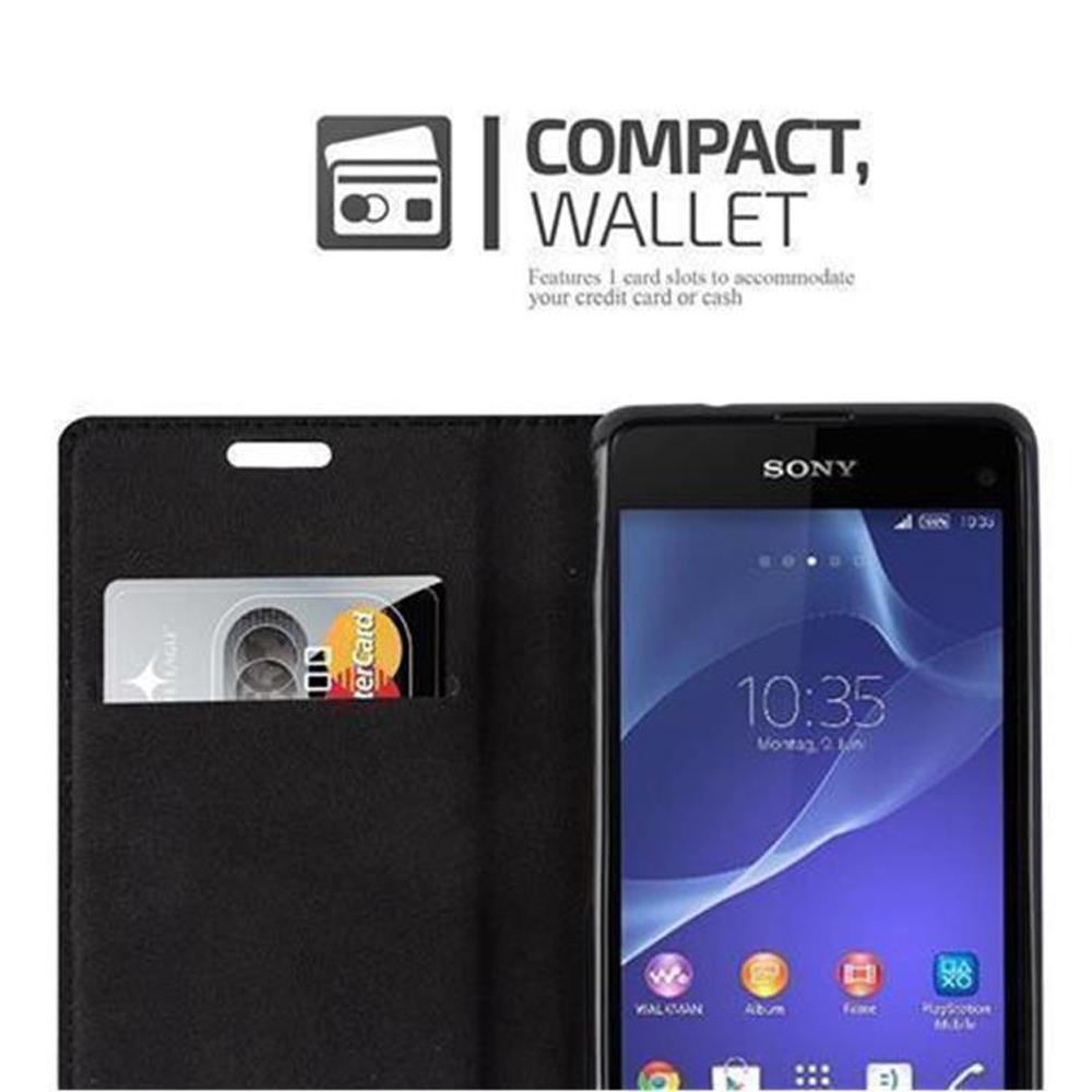 Schwarze Brieftaschen-Handyhülle mit Kartenfächern, einer Karte und einem Sony-Handy mit Bildschirm.