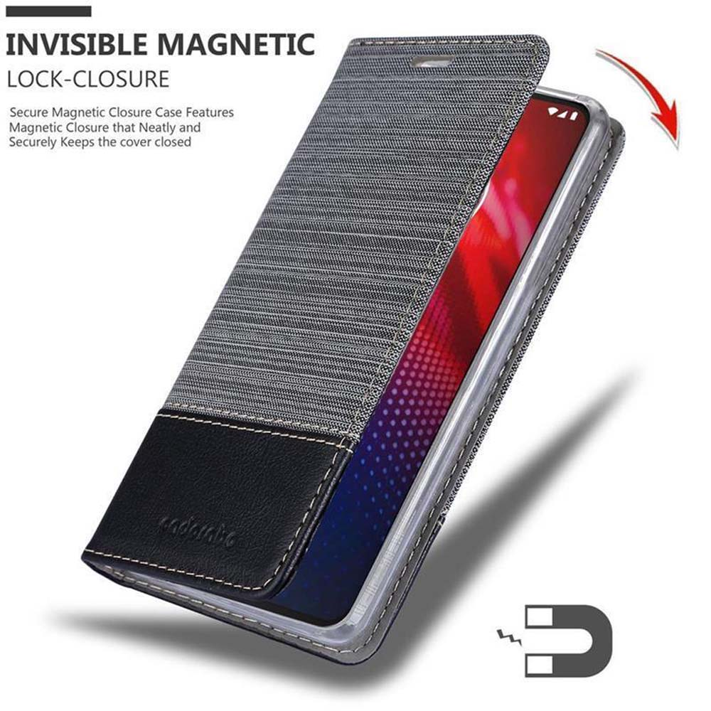 Telefono in una custodia a portafoglio grigia e nera. Testo: INVISIBLE MAGNETIC LOCK-CLOSURE.