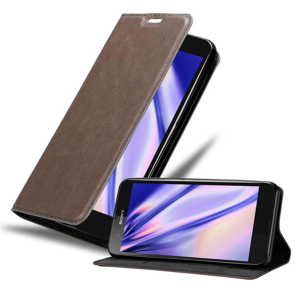 Funda marrón para teléfono, abierta para mostrar la pantalla del teléfono y un segundo teléfono delante.