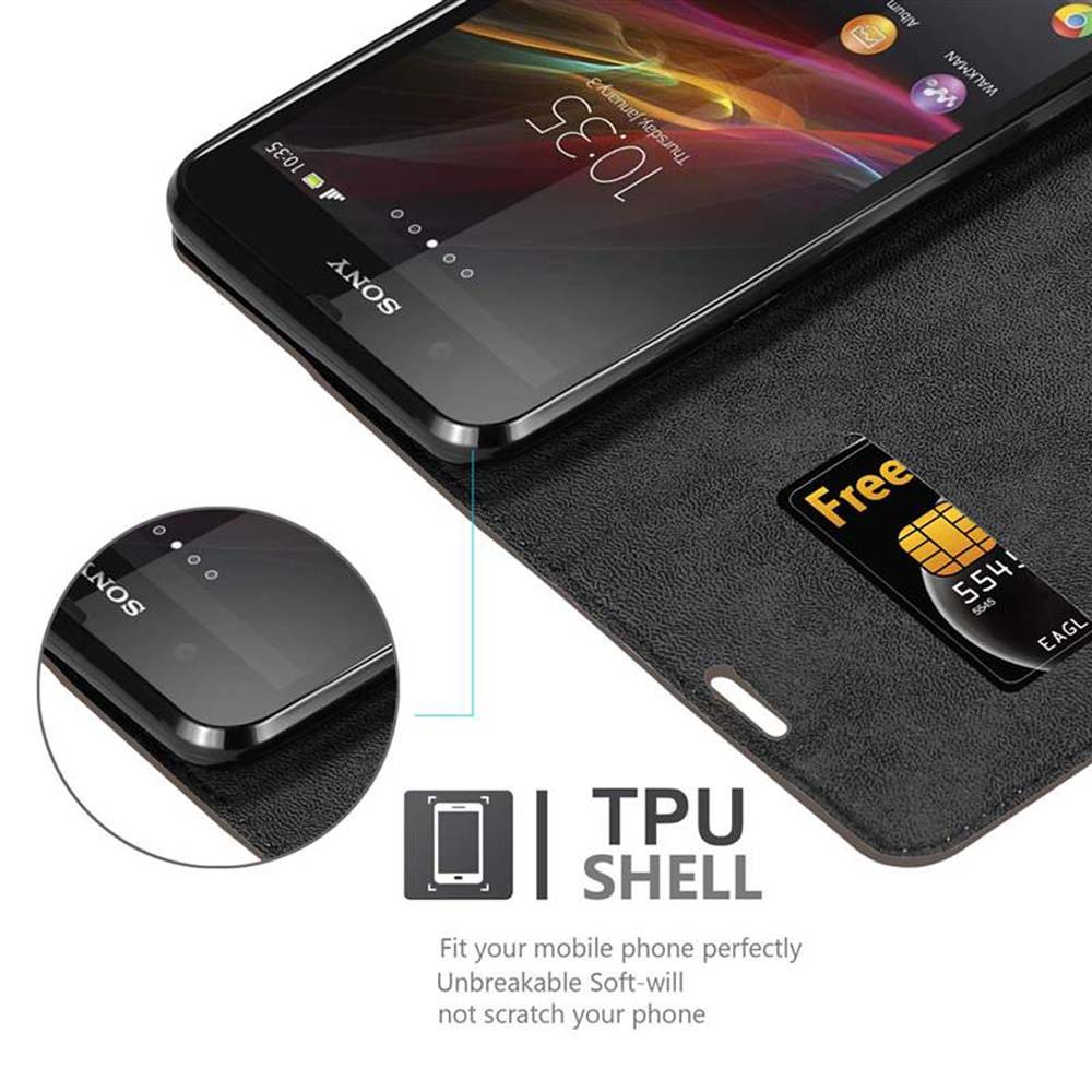 Teléfono en una funda folio con ranura para tarjetas, el teléfono muestra la hora, abierto.