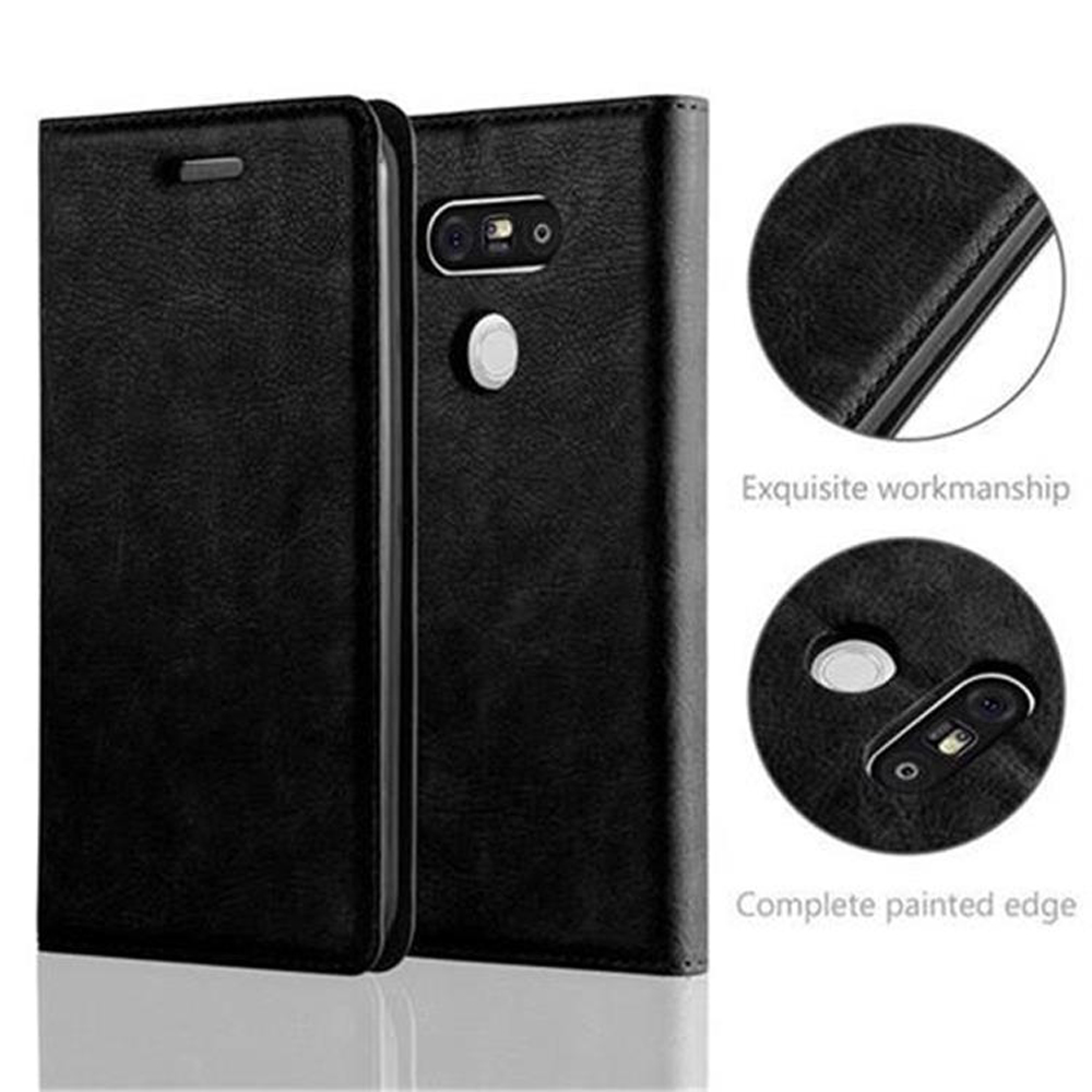 Schwarze Handyhülle offen mit Telefon. Nahaufnahmen der Kanten und Details. Text sagt Exquisite Verarbeitung.