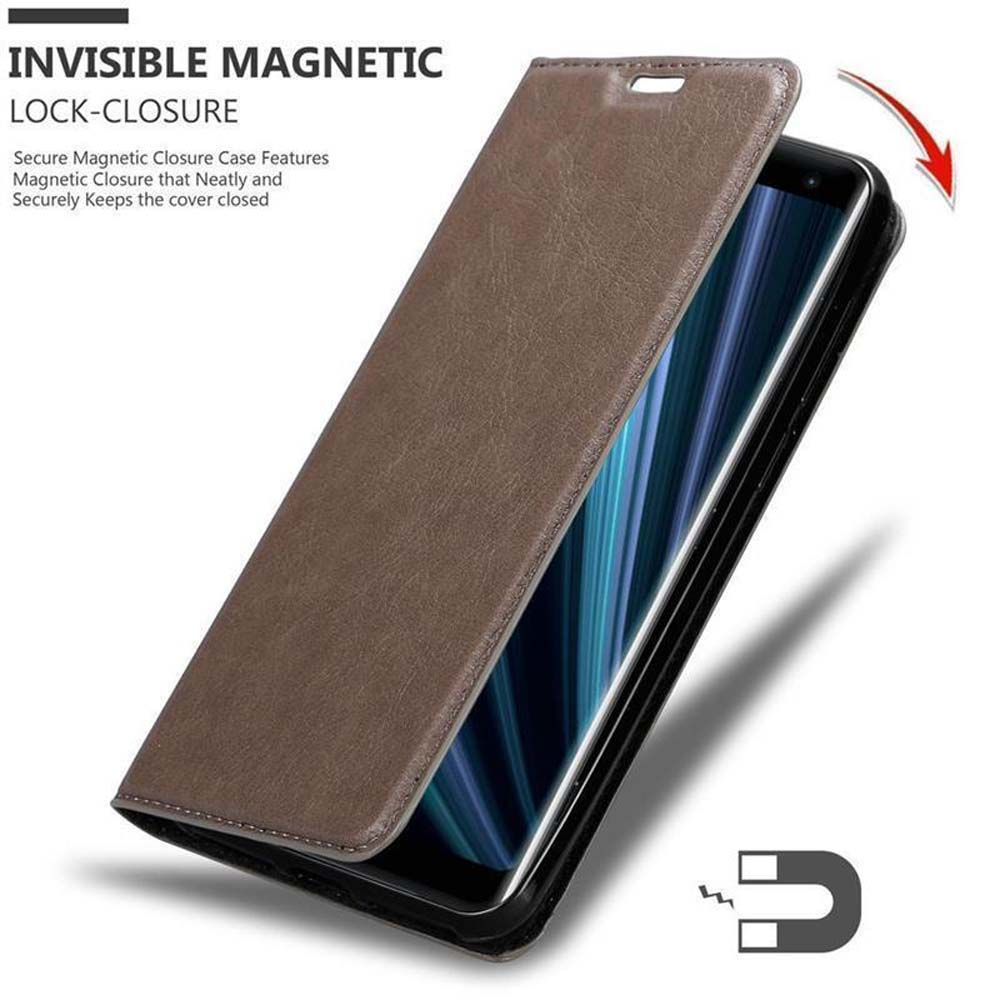 Braune Leder-Handyhülle, geschlossen, mit dem Text: INVISIBLE MAGNETIC LOCK-CLOSURE.