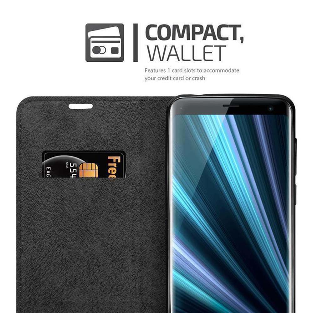 Schwarze Handyhülle, Brieftaschen-Stil. Kartenfach mit Karte. Text: COMPACT, WALLET. Telefon sichtbar.