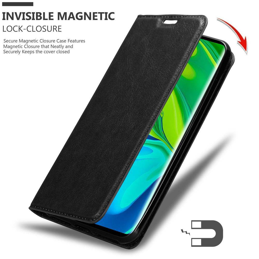 Custodia per telefono nera, aperta. Il testo dice "INVISIBLE MAGNETIC LOCK-CLOSURE".