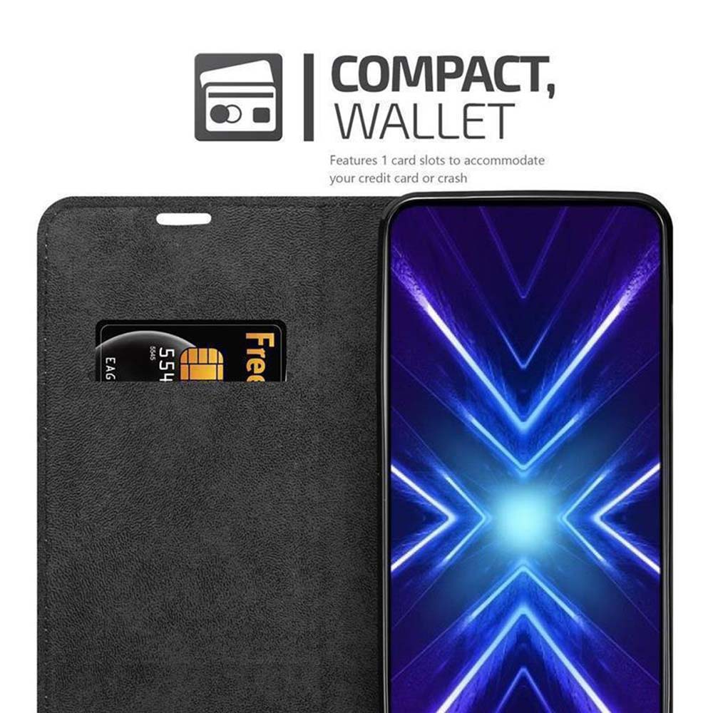 Handyhülle im Wallet-Design, Karte im Fach. Text: kompakte Geldbörse. Weißer Hintergrund.