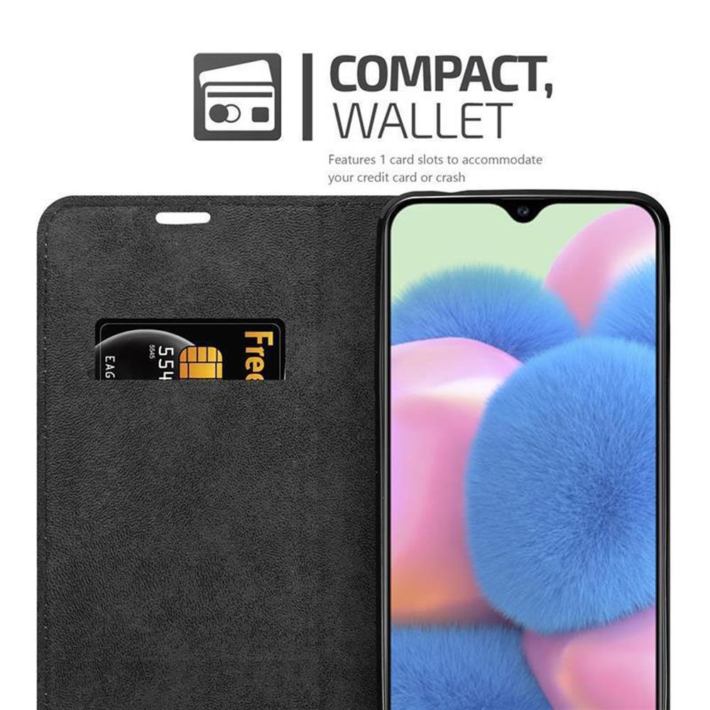 Una custodia nera con fessura per carta di credito. Lo schermo mostra un design blu e rosa.