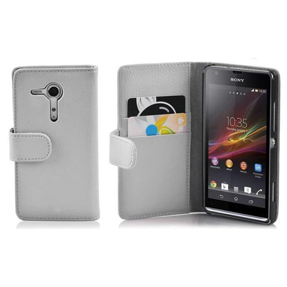Funda de teléfono de cuero gris con teléfono, ranuras para tarjetas y cierre magnético. El teléfono muestra 10:35.