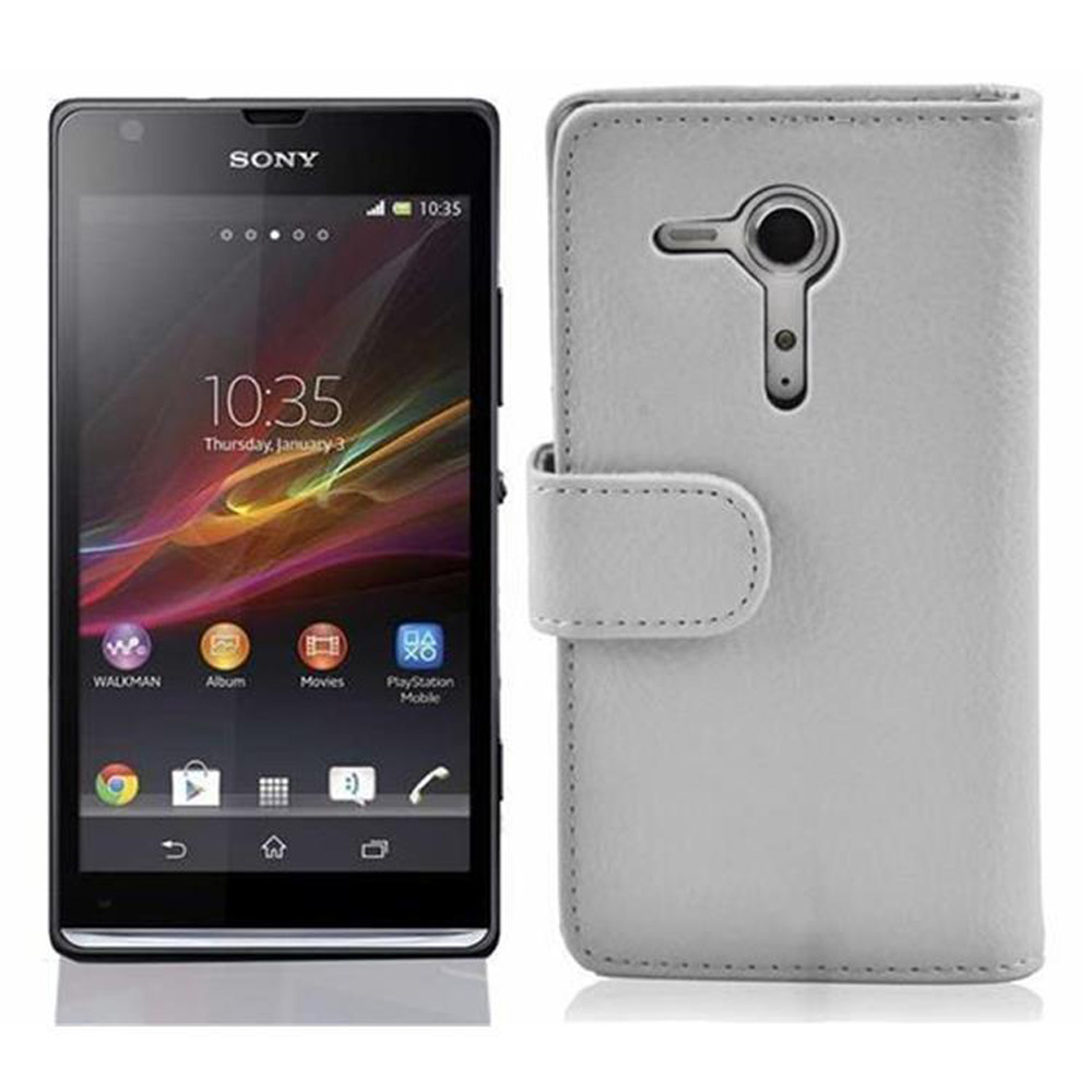 Teléfono Sony en una funda. El teléfono es negro, la funda gris claro. Mostrando aplicaciones.