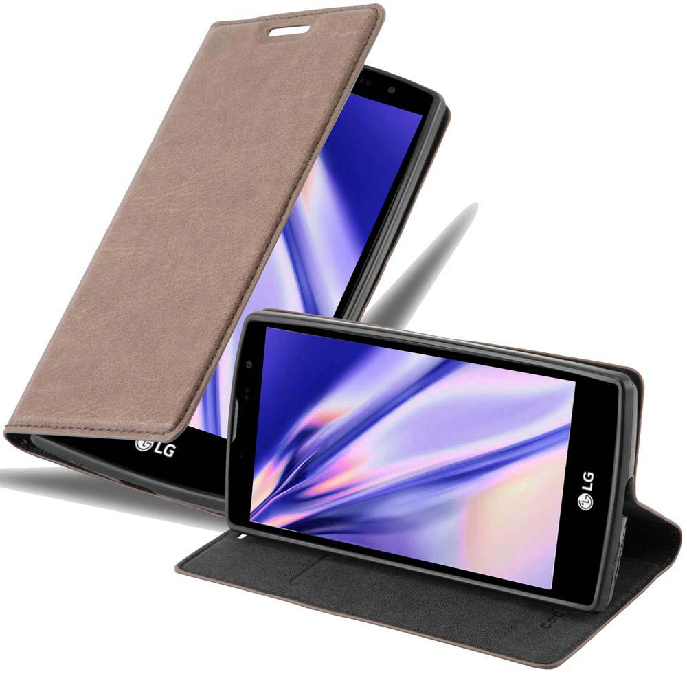 Dos teléfonos con funda marrón. Uno abierto, otro cerrado. Pantalla azul.